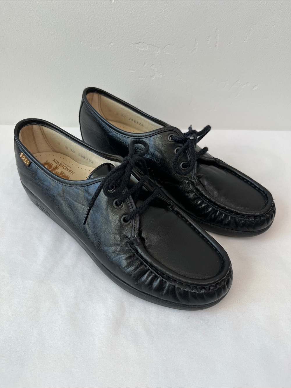SAS Siesta Black Leather Lace Up Moccasin Loafers Made in USA Womens 8 N Narrow